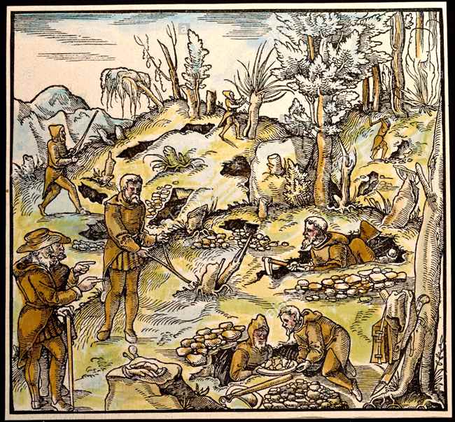 图8 - 《矿冶全书》彩板插图之一，它描绘了采矿及矿床勘探的情景（图片来源：www.alamy.com）