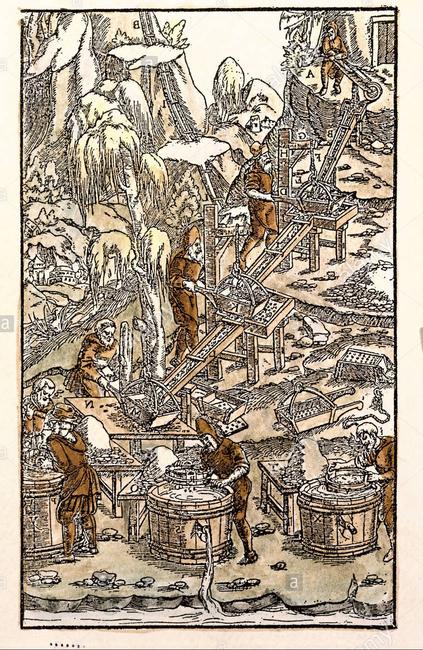 图9 - 《矿冶全书》彩板插图之二，它描绘了黄金开采及分拣的过程（图片来源：www.alamy.com）