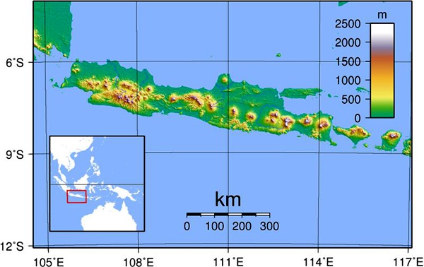 爪哇島的位置和地形,這是世界上最擁擠的島嶼之一(wikipedia)